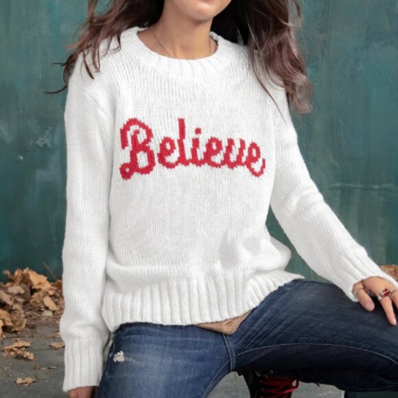 Wooden Ships Believe Sweater Mohair Wool Small Medium Holiday Christmas - Picture 2 of 9
